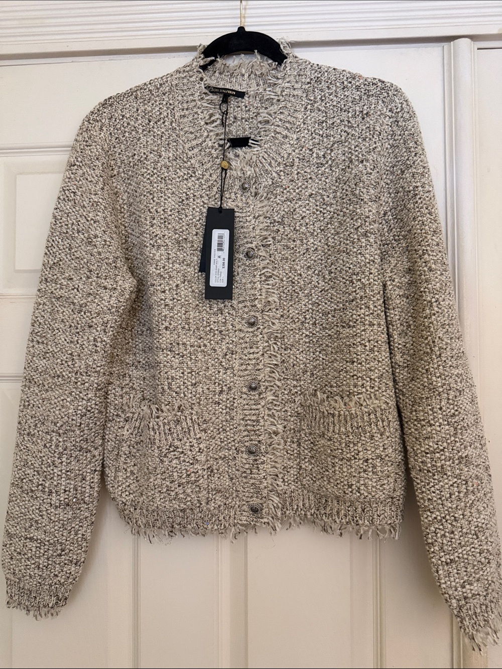 Kobi Halperin Textured Fringe Hem Button-Front Sweater - Cream size L